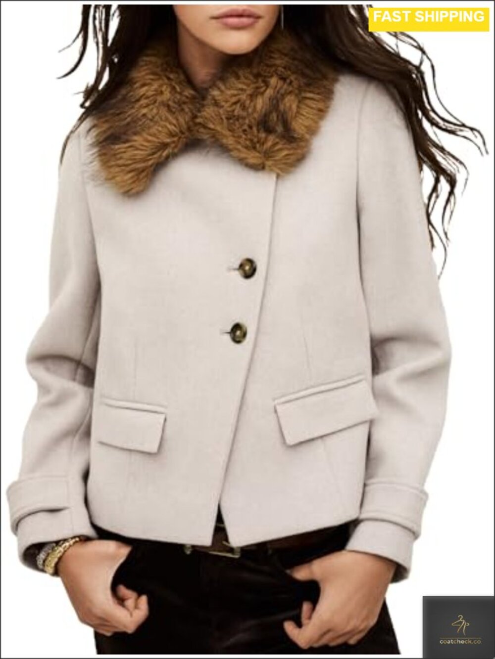 Terry Coat Asymmetrical Button Cropped Faux Fur Collar Wool Pea Coat